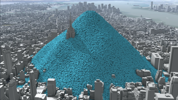 En dags utsläpp av koldioxid i New York, symboliserat genom bollar som motsvarar 1 ton vardera, totalt 148901 ton (2010). Bild: Carbon Visuals (CC BY 2.0).