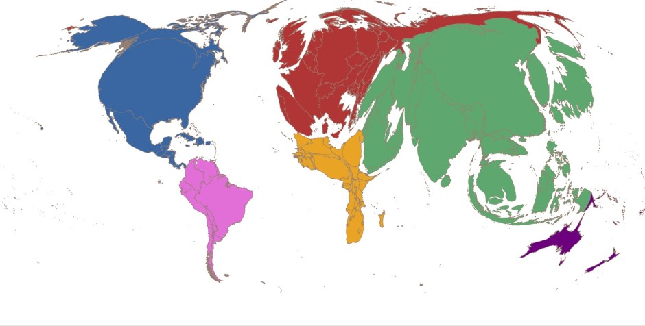 Karta där ländernas storlek visar bruttonationalprodukt (BNP) för 2013. Bildkälla: Brown University http://blogs.brown.edu/choices/2015/02/05/why-does-climate-change-matter/