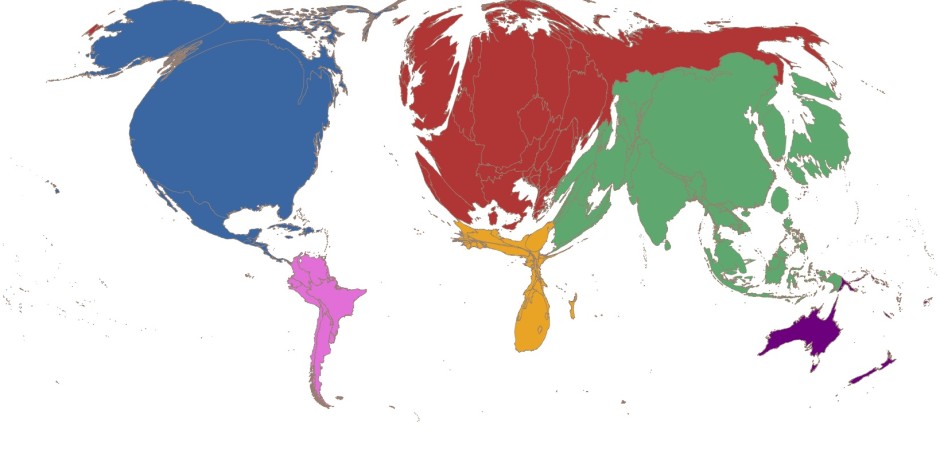 Ländernas storlek visar utsläppen av koldioxid 1850-2011. Bildkälla: Brown University http://blogs.brown.edu/choices/2015/02/05/why-does-climate-change-matter/