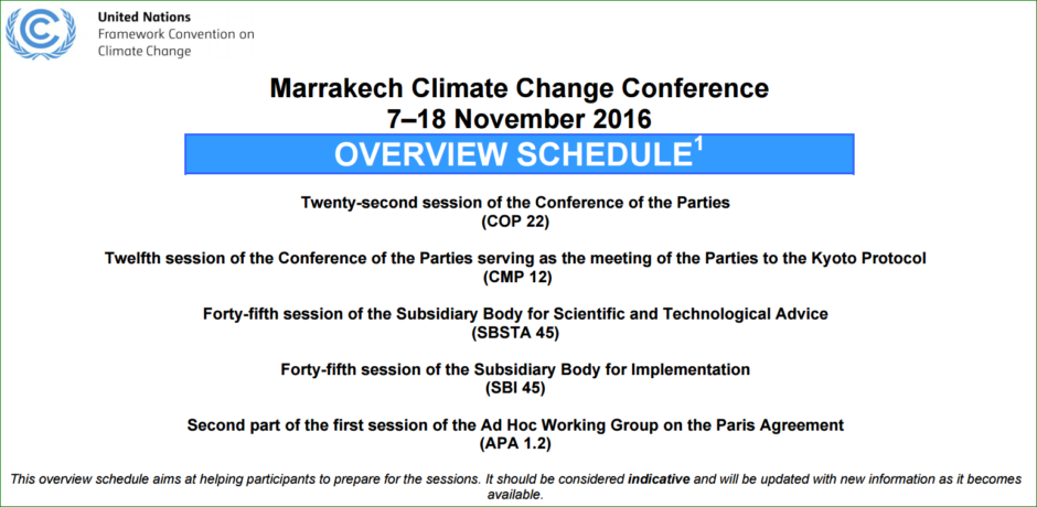 CMA - Conference of the Parties serving as the meeting of the Parties to the Paris Agreement - kommer att hålla ett möte på COP22, vilket dock inte syns ännu i det preliminära programmet. Källa: UNFCCC