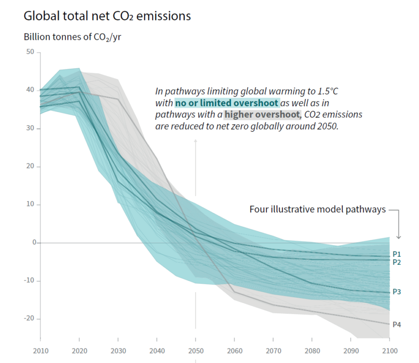 Nettonollutsläpp som IPCC beskriver dem för att nå målet att inte värma upp jorden mer än med 1,5 grader. Källa: IPCC